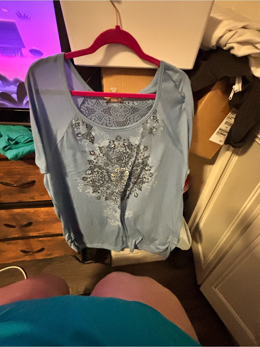 White Stag Light Blue Embellished Scoop Neck Short Sleeve Top
